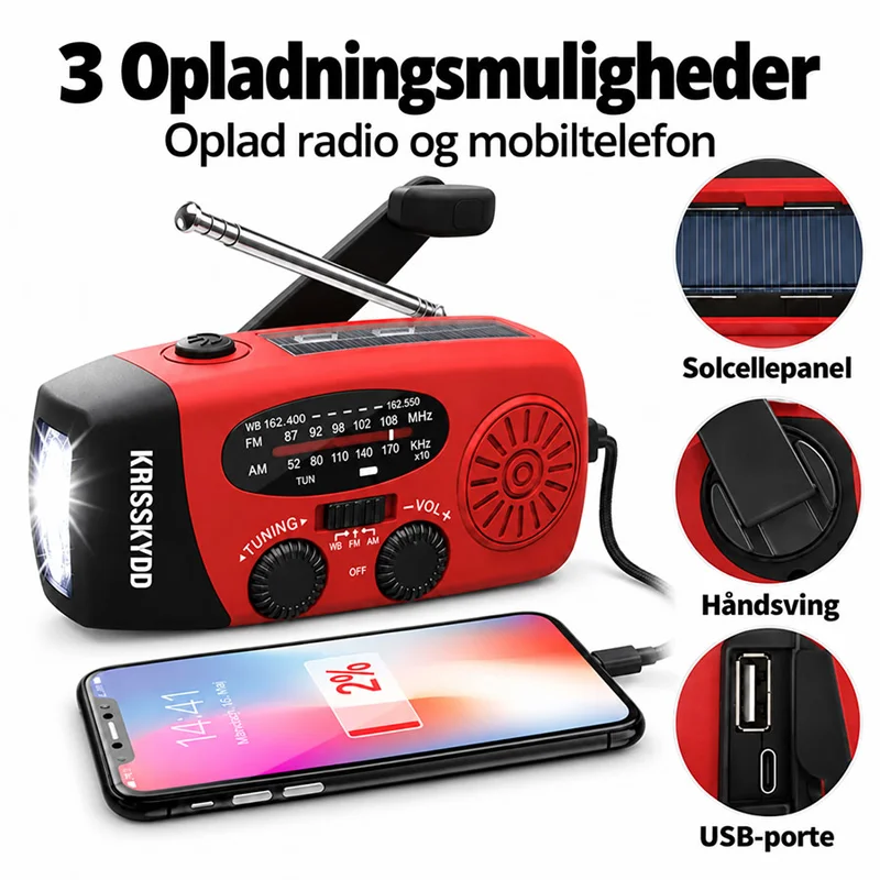 Nødradio med 3 opladningsmuligheder: solcelle, håndsving og USB